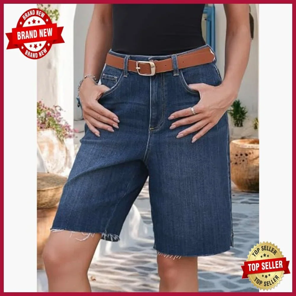 High Waisted Baggy Denim Bermuda Shorts Ripped Distressed Casual